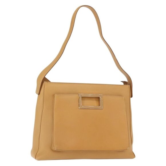 Authentic Salvatore Ferragamo Shoulder Bag Leather Beige Gold